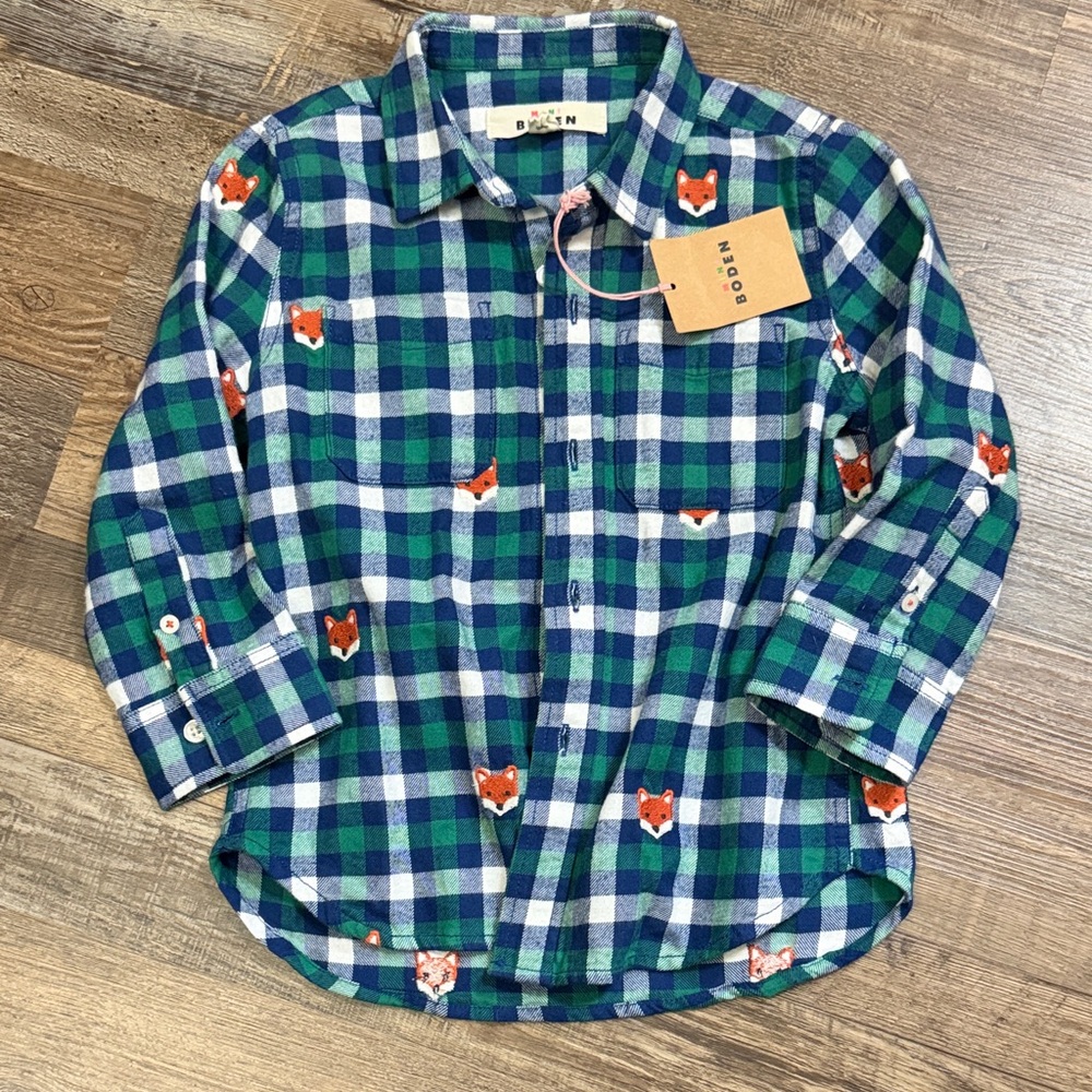 Boden Kids Checkered Shirt with Fox Design